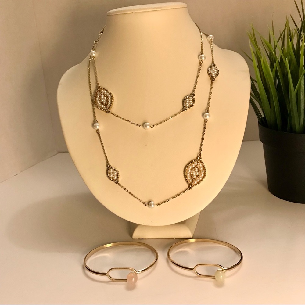 2 Gemstone bracelets and Pearl necklace Gold Tone - Picture 8 of 10